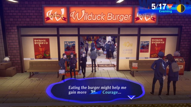 Persona 3 Reload screenshot of the protagonist walking into Wilduck Burger to increase the courage Social Stat