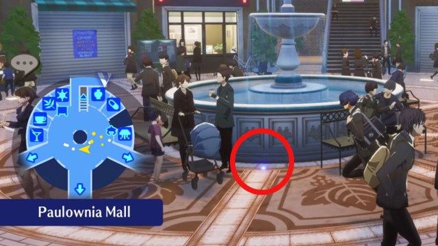 Persona 3 Reload screenshot of a Twilight Fragment in front of a fountain at pawlonia mall