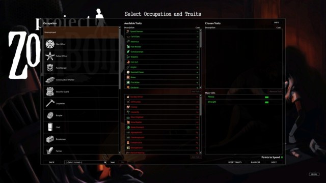 Project Zomboid Occupation and Traits Selection