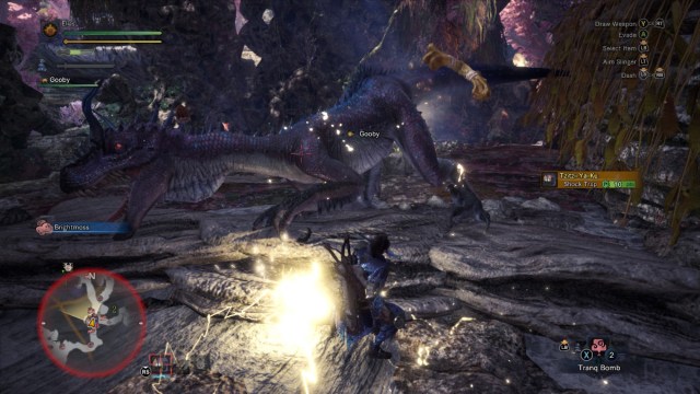 A Tzitzi-Ya-Ku caught in a Shock Trap in Monster Hunter: World.