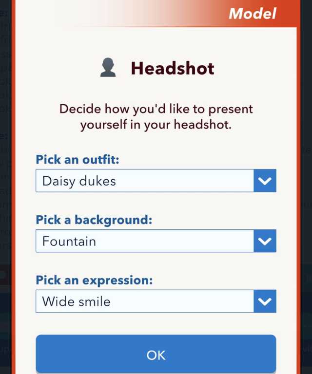 BitLife modeling headshot