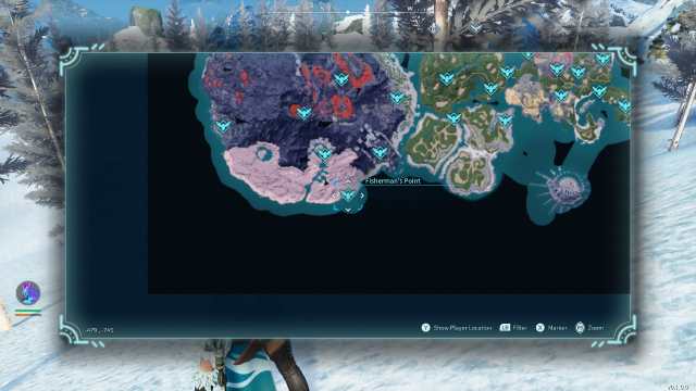 Palworld screenshot of the fisherman's point settlement location on the world map