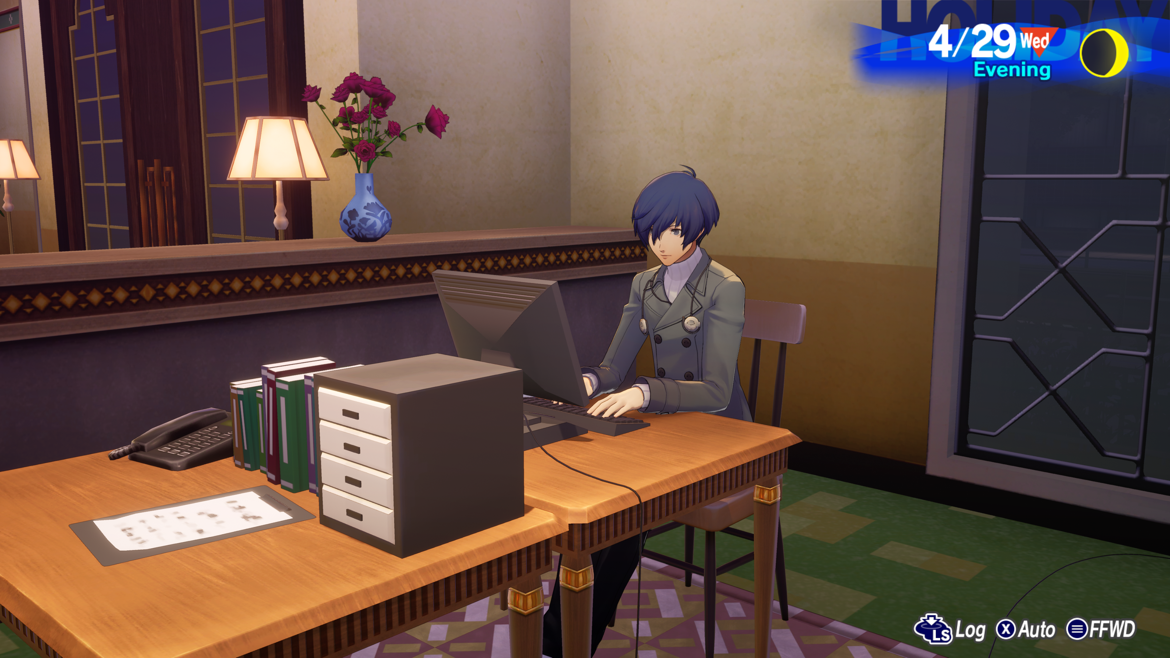 Persona 3 Reload screenshot of the protagonist using the shard computer at iwatodai dorm