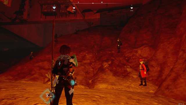 Palworld screenshot of a glitched Duneshelter with merchants standing underneath the settlement