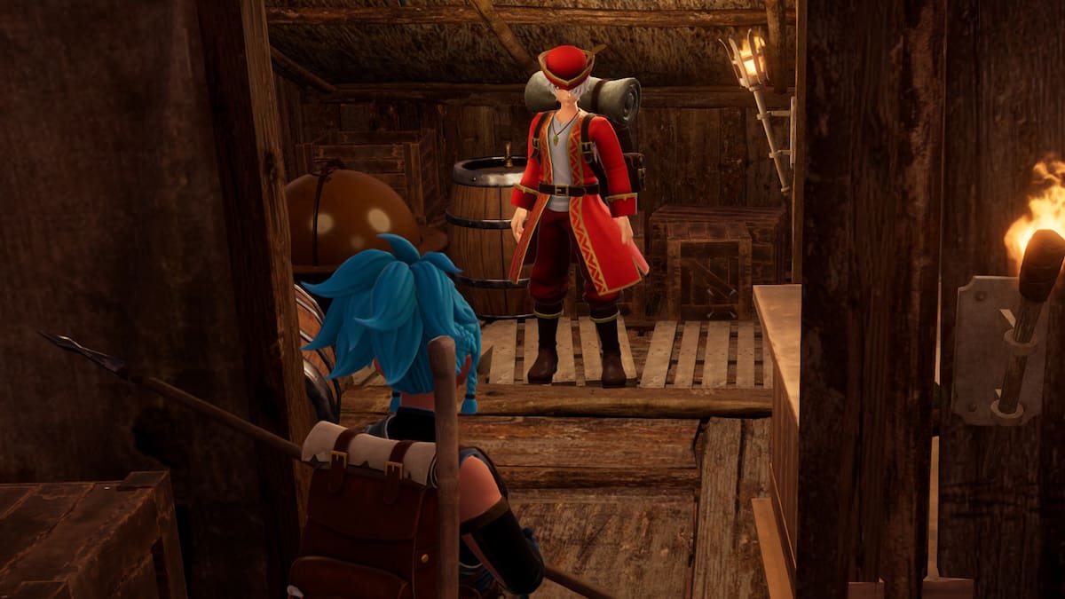 Palworld screenshot of a player character in a cabin with a wandering merchant