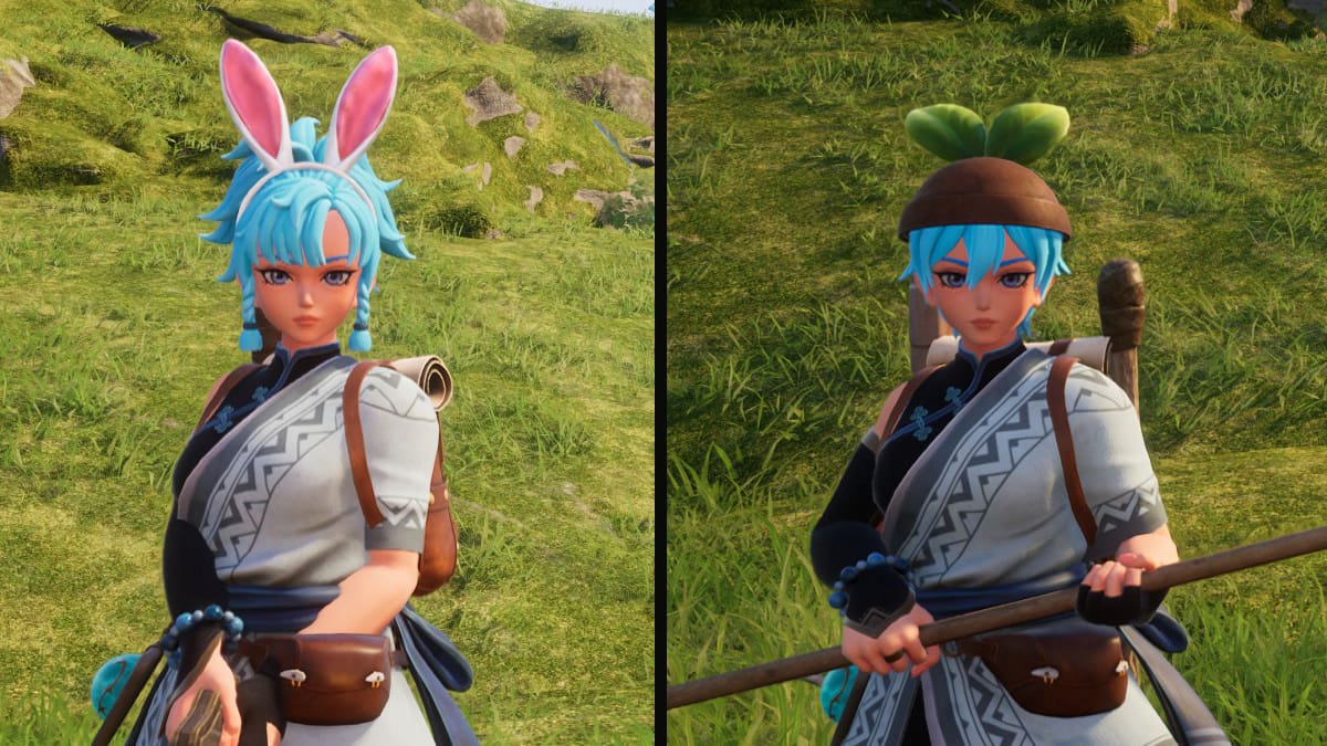 Palworld screenshot of a player character wearing the long-eared headband and another player character wearing the gumoss cap