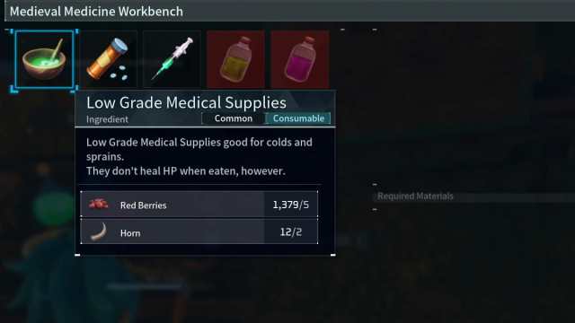 Palworld low grade medical supplies recipe