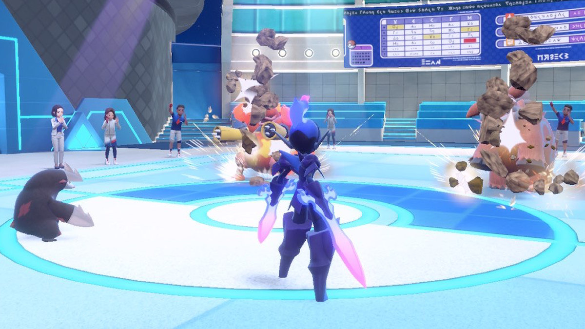 A Pokemon Scarlet and Violet screenshot of a double battle. An ally Excadrill uses Rock Slide against the enemy Magmortar and Camerupt.