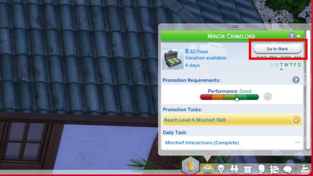 The Sims 4 the go to work button in job menu