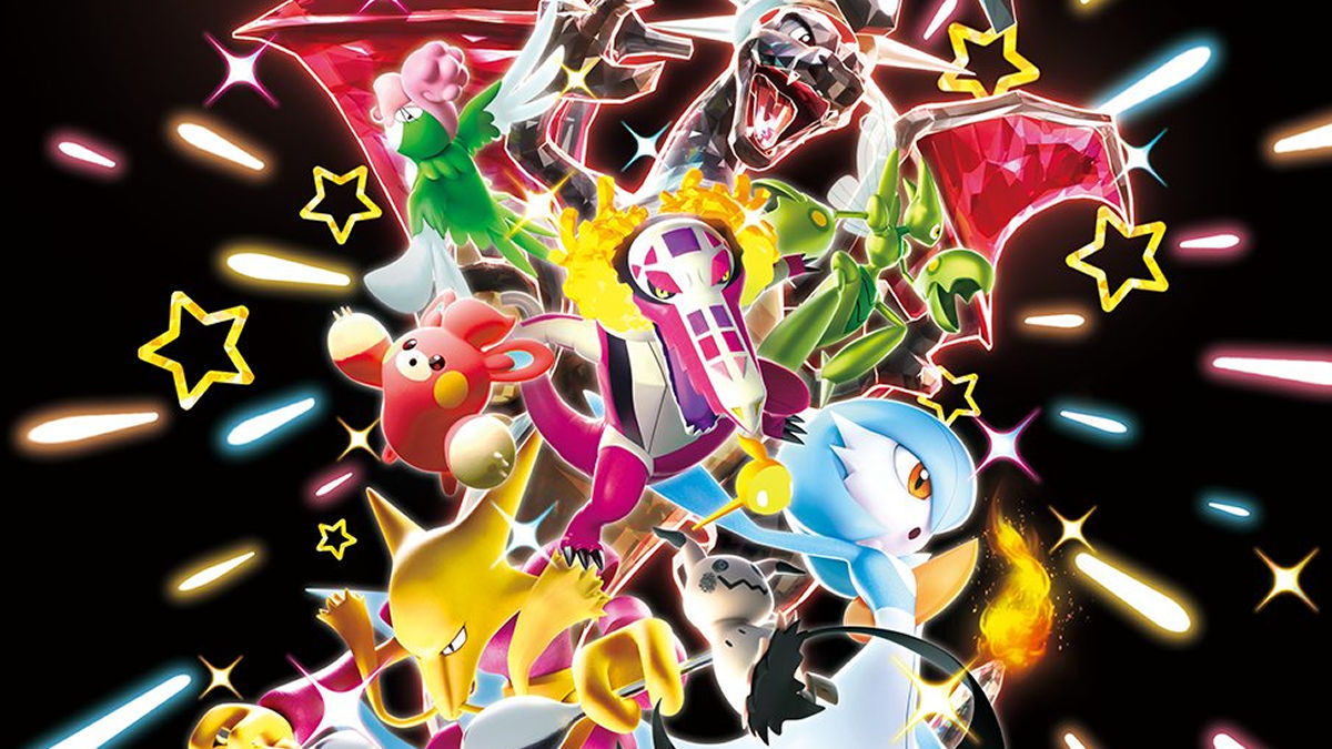 An official TCG promotional image featuring numerous shiny Pokémon, including Dark Tera type Charizard, Sqwakabilly, Scizor, Pawmi, Gardevoir, Alakazam, Mimikyu, and Skeledirge.