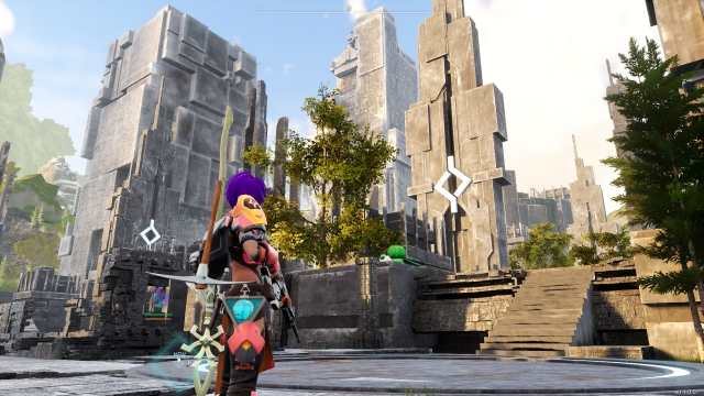 Palworld screenshot of a player character standing in front of the unnamed city settlement