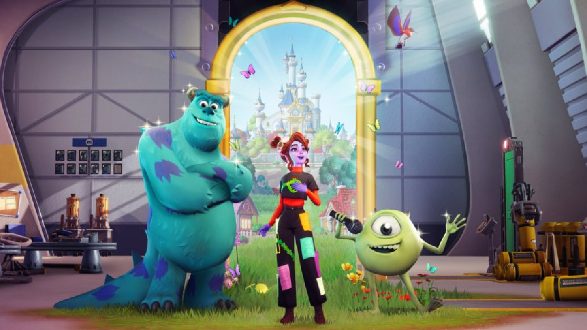 Mike Wazowski and Sully with a character in Disney Dreamlight Valley