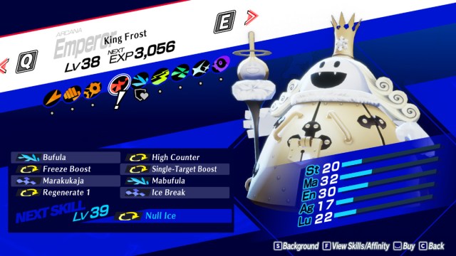 Persona 3 reload screenshot of king frost's stats