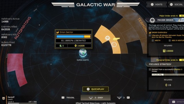 Helldivers 2 screenshot of the galactic war table menu showing the Medals rewarded for completing a personal order.