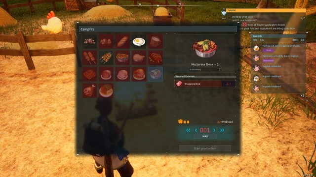 Palworld screenshot of Food Menu with the List of available dishes next to the Campfire at base.