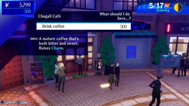 Persona 3 Reload screenshot of the "drink Coffee" option at Chagall Cafe to  Increase the Charm Social Stat