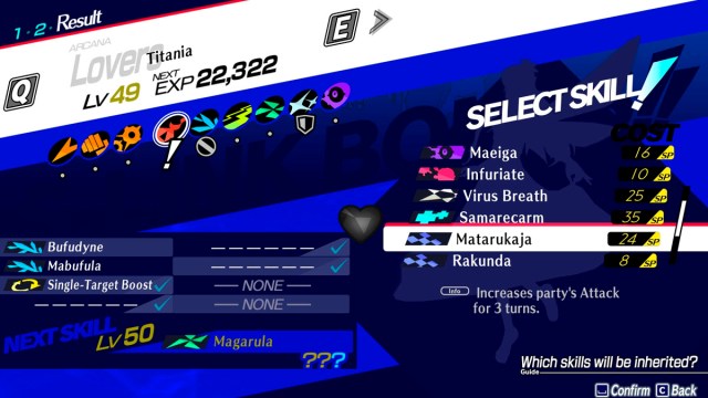 Persona 3 Reload Titania with Matarukaja in the Velvet Room's fusion menu