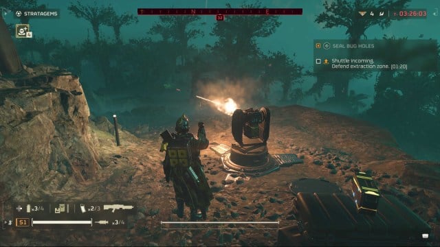 A Gatling Sentry Gun in Helldivers 2 used while attempting Extraction