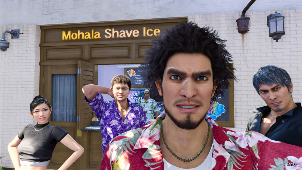 A Like a Dragon: Infinite Wealth screenshot of Ichiban, Tomizawa, Chitose, and Kiryu in front of Mahala Shave Ice.