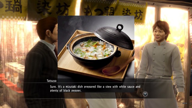 A Yakuza screenshot of a chef adding mizutaki to the local menu.