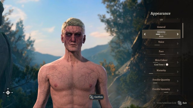 BG3 screenshot of a male evolved half illithid character with black veins across their face and chest