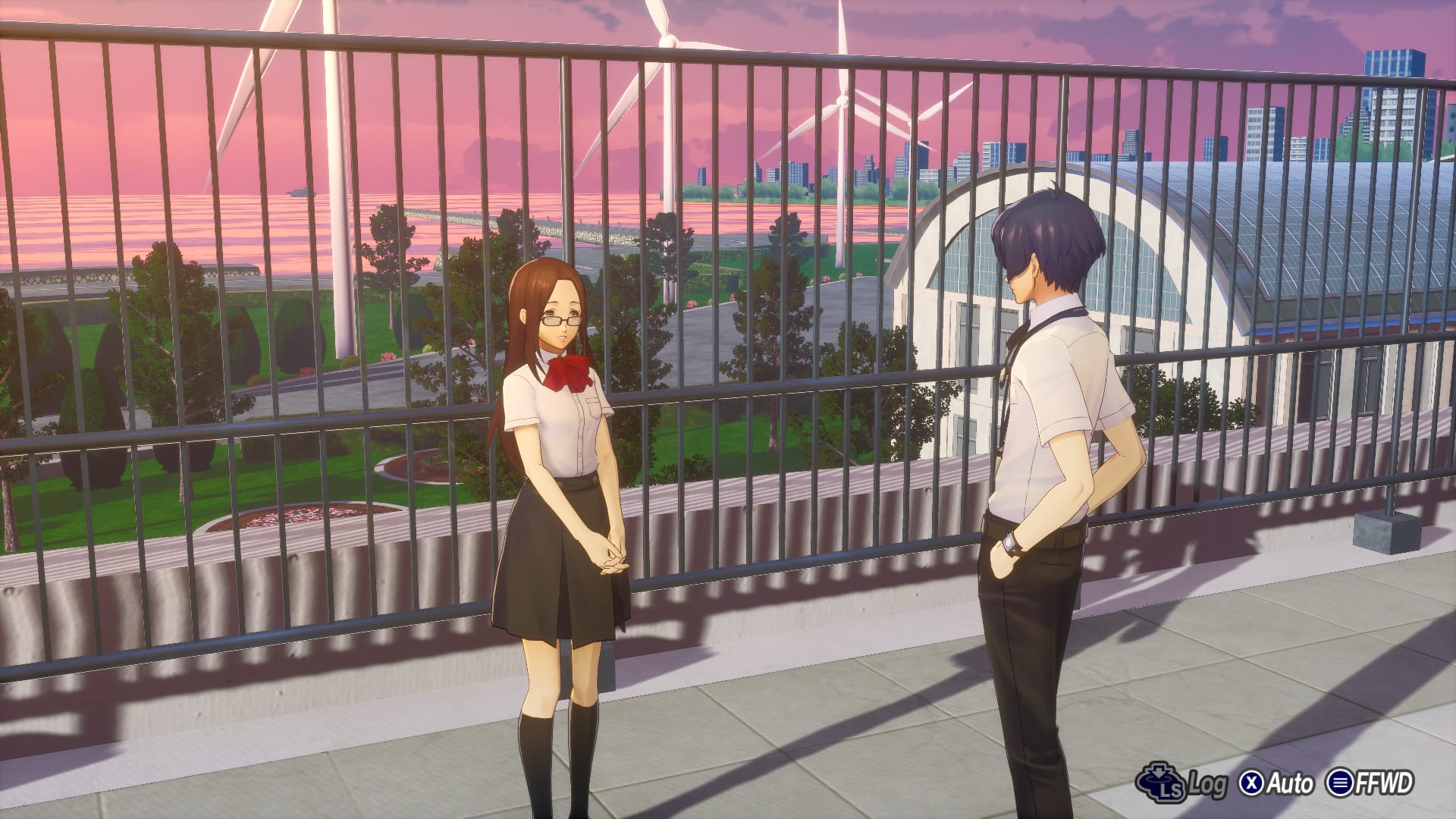 Persona 3 Reload screenshot of Chihiro and the protagonist standing on the school rooftop.