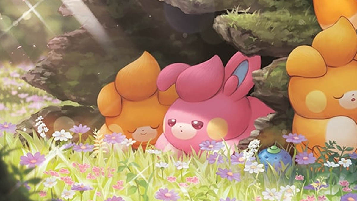 A Pokémon TCG illustration of a shiny Pawmi sleeping in a tree stump surrounded by regular Pawmi.