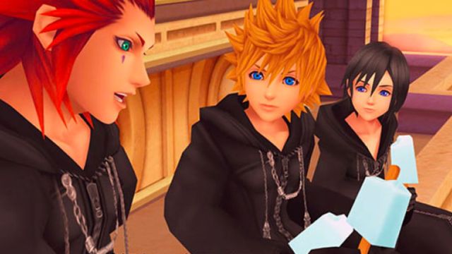 Screenshot of Axel, Sora, and Kairi eating Sea Salt Ice Cream in Kingdom Hearts 2.
