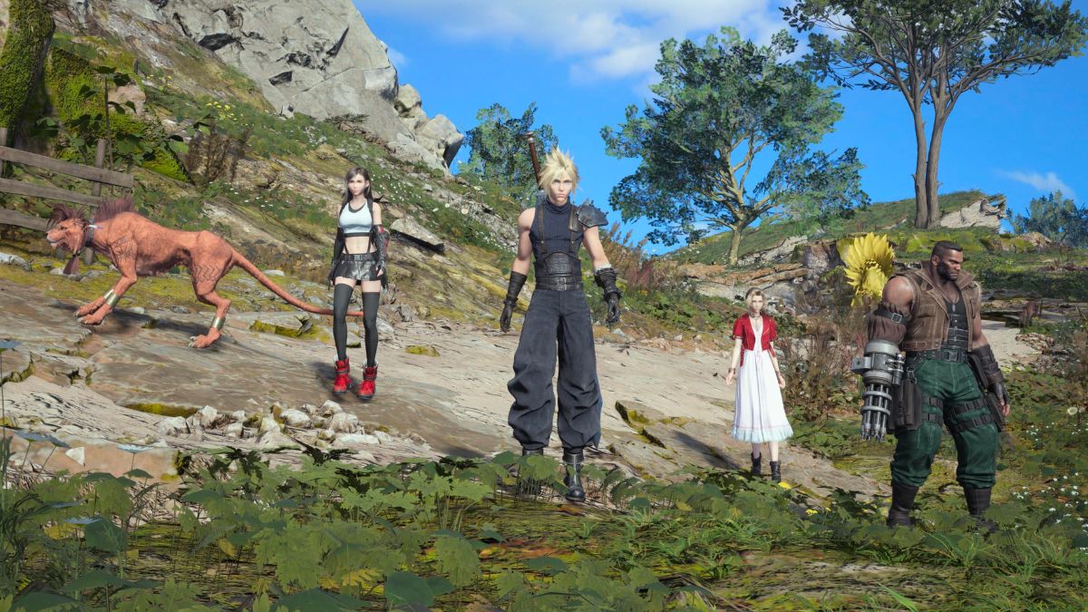 Screenshot of Cloud, Tifa, Aerith, Barret, and Red XIII in Final Fantasy 7 Rebirth.