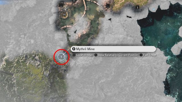 Screenshot of Mythril Mine's map location in Final Fantasy 7 Rebirth.