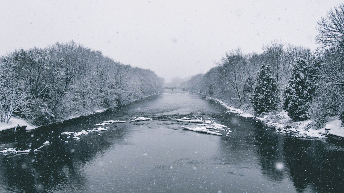A photograph of an icy river surrounded by trees and snow.