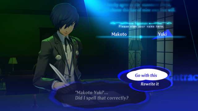 Persona 3 character name contract screen