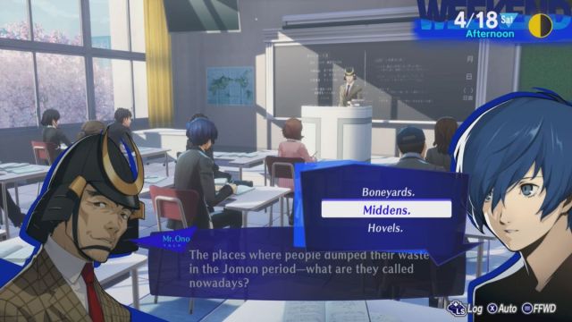 Screenshot of the Jomon period classroom question answer in Persona 3 Reload.