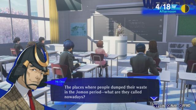 Screenshot of the Jomon period classroom question in Persona 3 Reload.