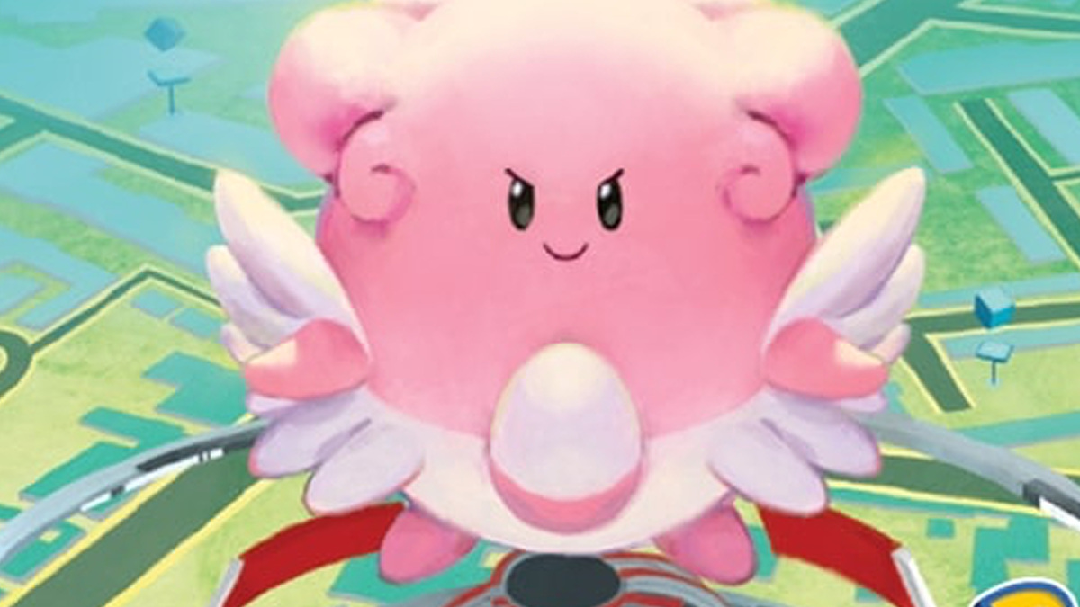 A Pokémon TCG illustration of Blissey defending a Pokemon GO Gym.