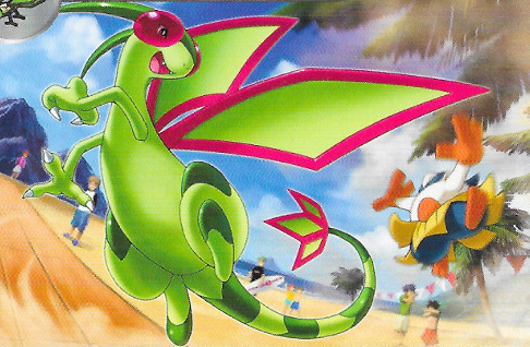 Official Pokémon TCG art of Flygon fighting Hariyama.