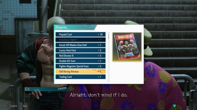 A Street Fighter 6 screenshot of the player giving the Old Boxing Almanac to Ed.