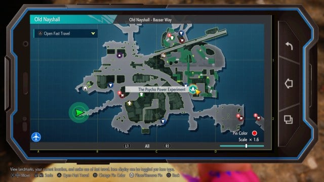 A Street Fighter 6 screenshot of the map with the Psycho Power Experiment side quest highlighted.