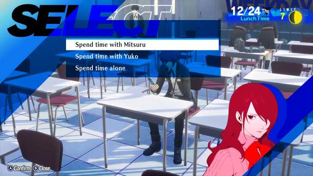 Persona 3 Reload screenshot of the protagonist making a choice to spend time with Mitsuru, Yuko, or alone.