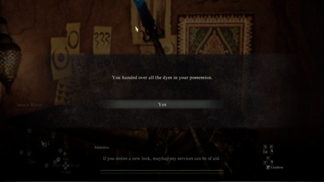 Handing over purchased dyes to Cosmetic Shop in Dragon's Dogma 2