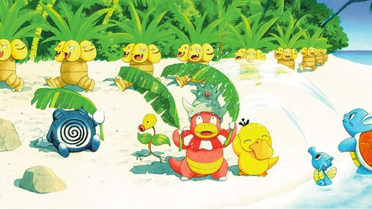 An official TCG illustration of Exeggutor, Poliwhirl, Bellsprout, Slowking, Psyduck, Horsea, and Wartortle.