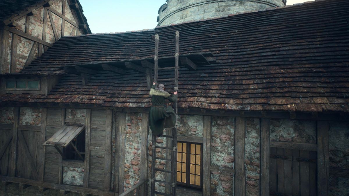 Screenshot of climbing the ladder near The Guardhouse in Vernworth in Dragon's Dogma 2.