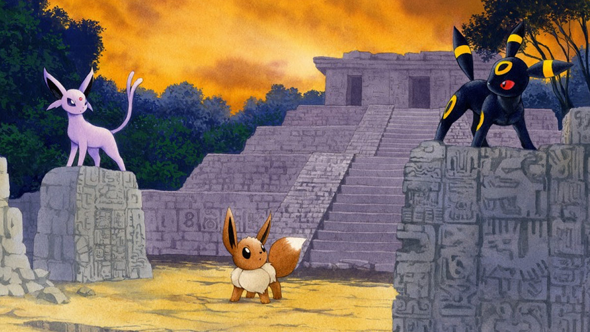 A Pokemon TCG illustration of Eevee, Espeon, and Umbreon in ruins.