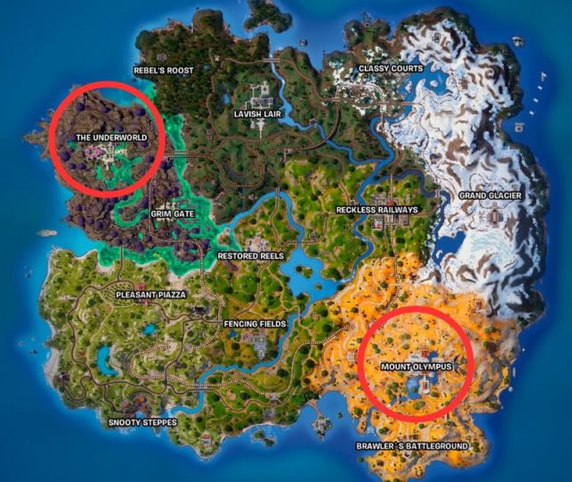 Screenshot of Mount Olympus and The Underworld map locations in Fortnite Chapter 5 Season 2.