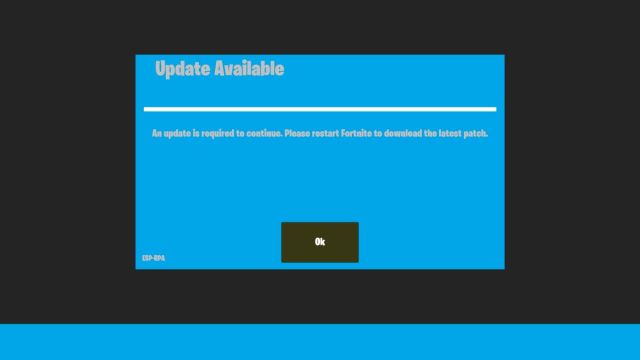 Screenshot of the "Please restart Fortnite to download the latest patch" error.