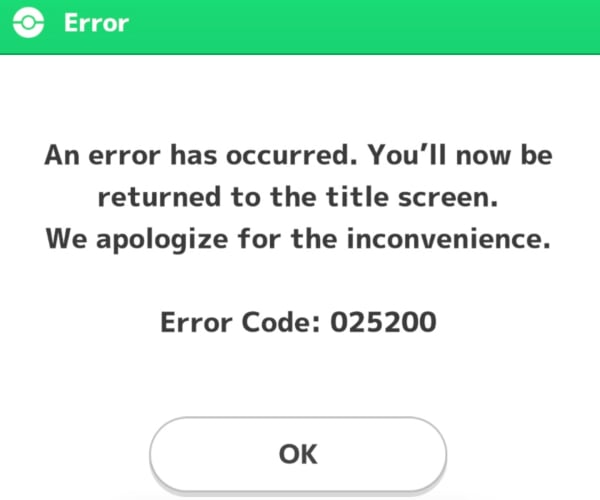 An image of the Pokemon Sleep error code 025200.