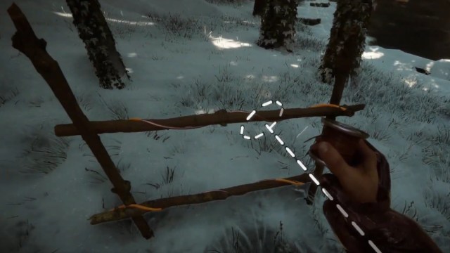 Screenshot of creating connection of Solar Panel with wooden fence in Sons of the Forest.