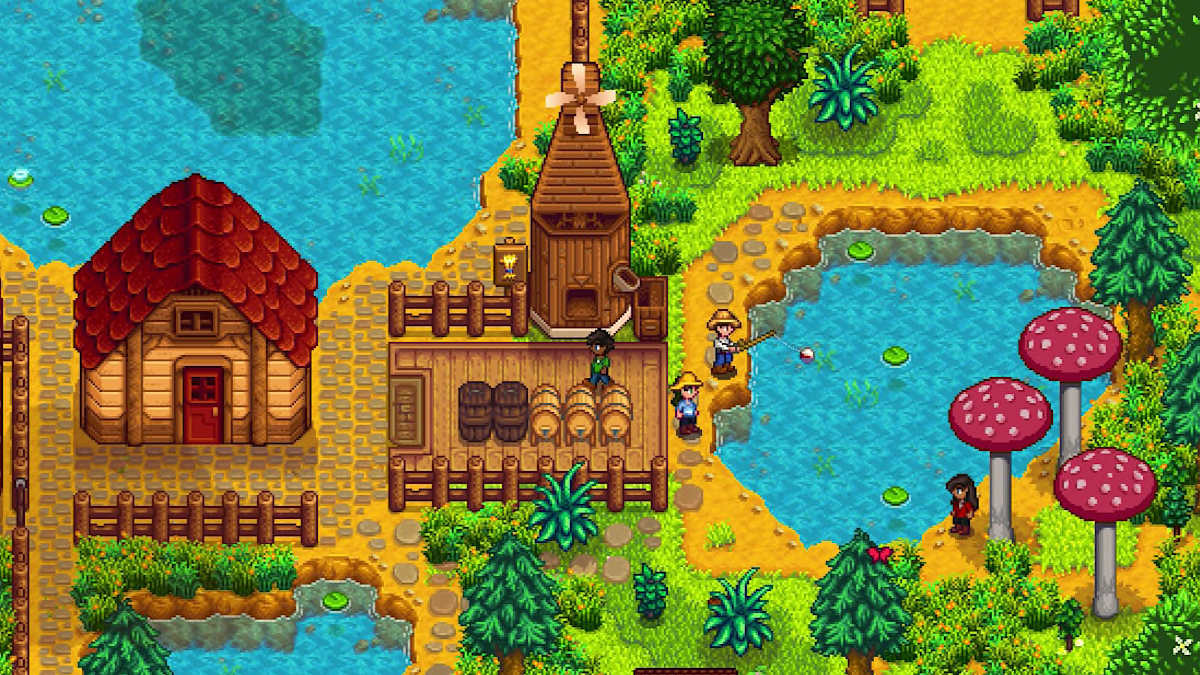 A Stardew Valley screenshot of characters fishing.