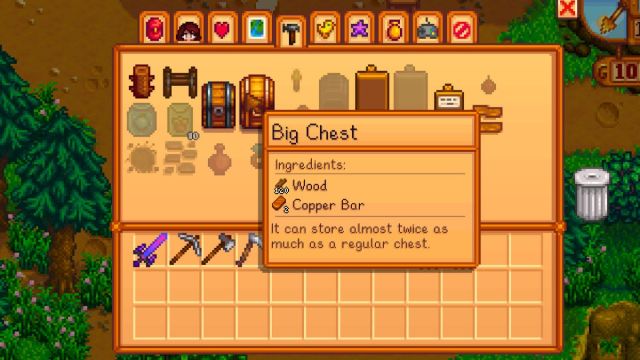 Screenshot of crafting a Big Chest in Stardew Valley.