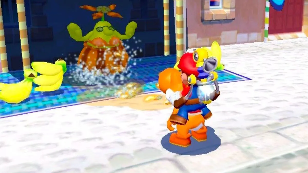 Screenshot of Mario and Yoshi in Super Mario Sunshine